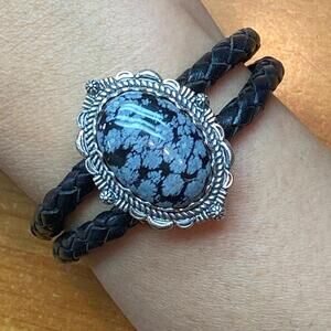 Carolyn Pollack Sterling Snowflake Obsidian Braided Leather Bracelet For Women